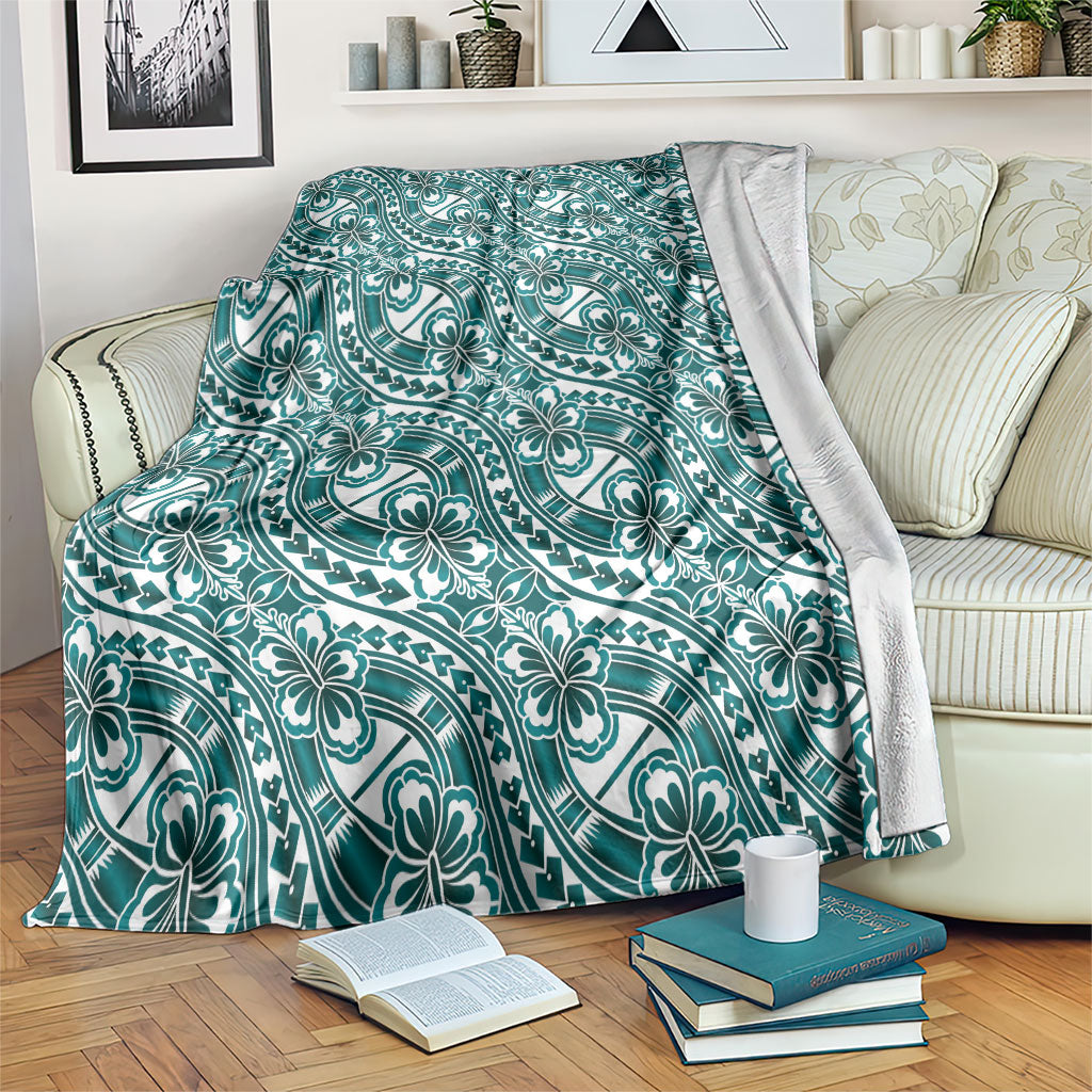 Hibiscus Bloom Island Tribal Waves Blanket Teal Polynesian Pattern