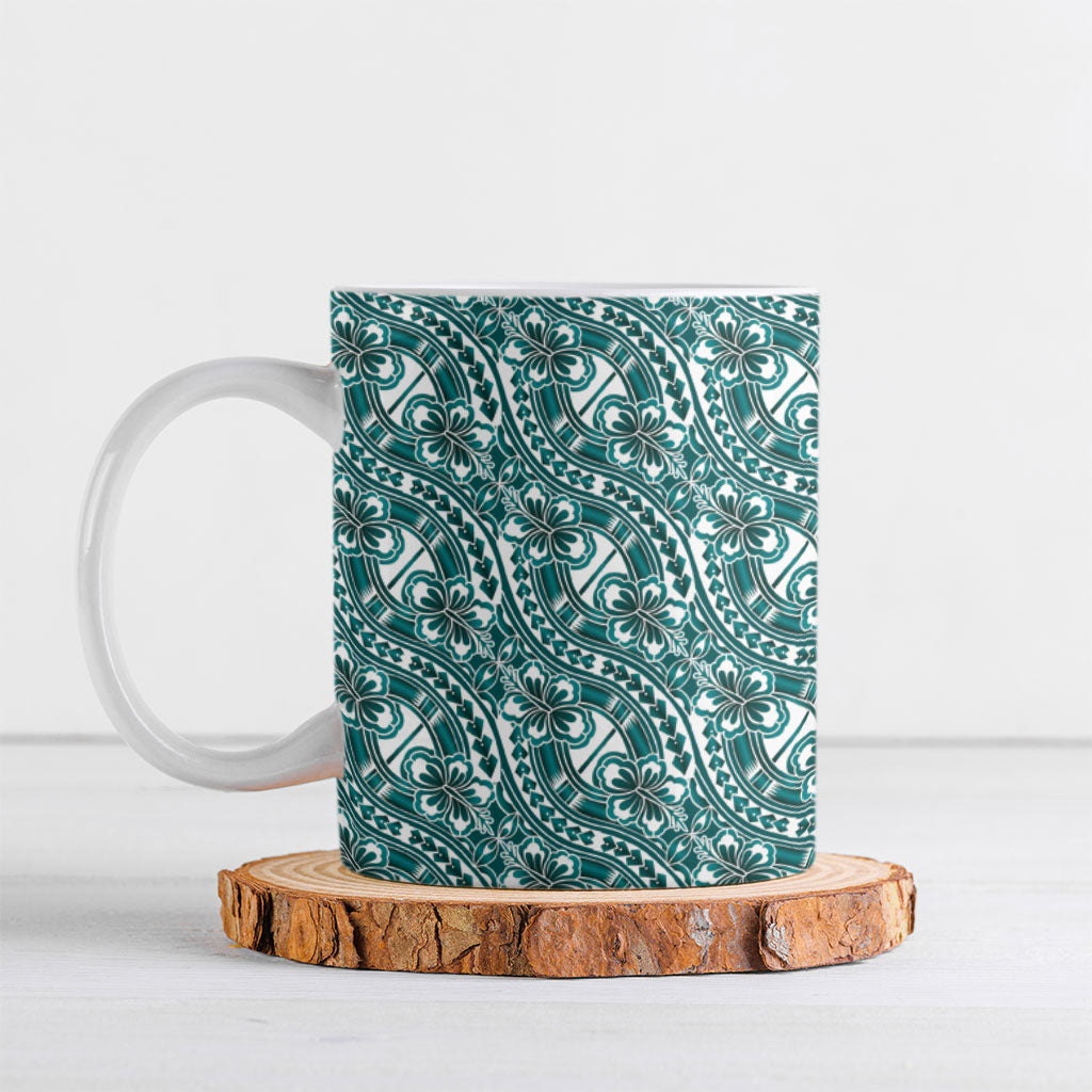 Hibiscus Bloom Island Tribal Waves Ceramic Mug Teal Polynesian Pattern LT01 Teal - Polynesian Pride