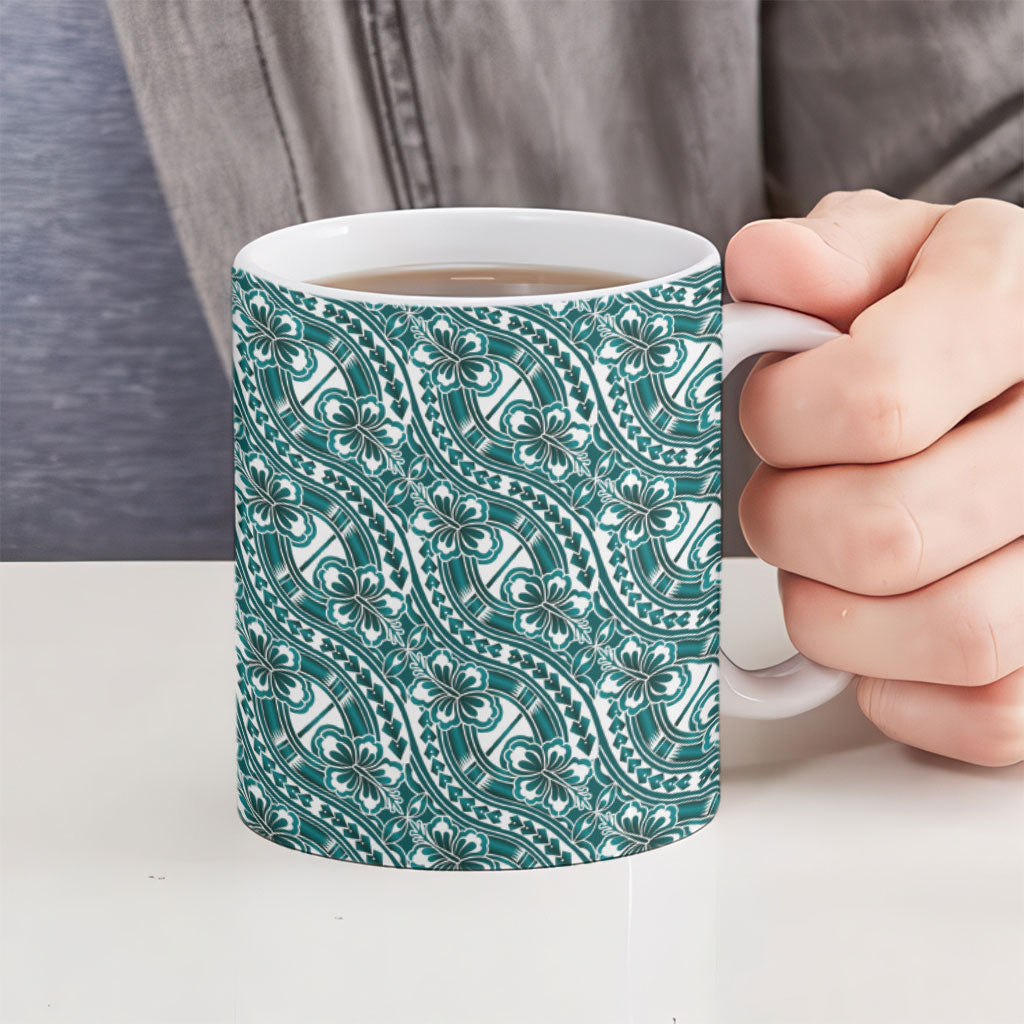 Hibiscus Bloom Island Tribal Waves Ceramic Mug Teal Polynesian Pattern LT01 - Polynesian Pride