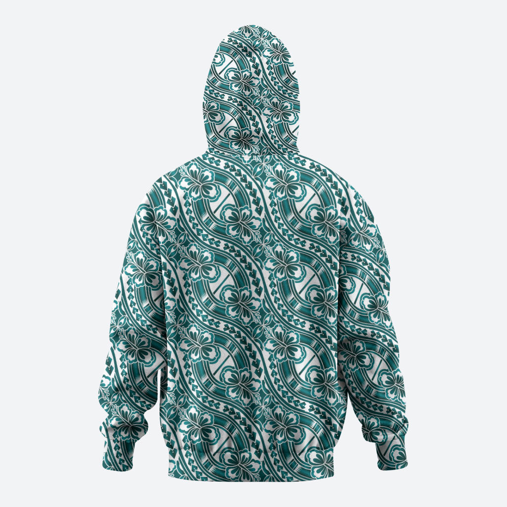 Hibiscus Bloom Island Tribal Waves Hoodie Teal Polynesian Pattern LT01 - Polynesian Pride