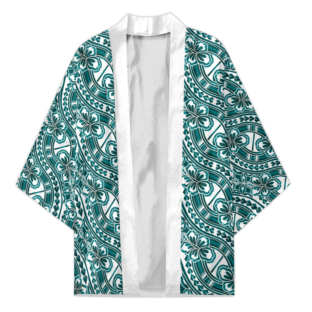 Hibiscus Bloom Island Tribal Waves Kimono Teal Polynesian Pattern