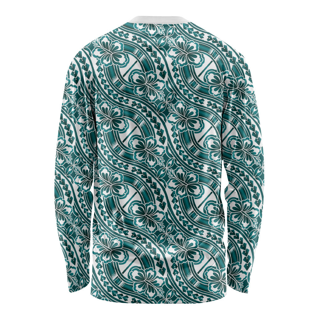 Hibiscus Bloom Island Tribal Waves Long Sleeve Shirt Teal Polynesian Pattern LT01 - Polynesian Pride