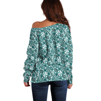 Hibiscus Bloom Island Tribal Waves Off Shoulder Sweater Teal Polynesian Pattern LT01 - Polynesian Pride