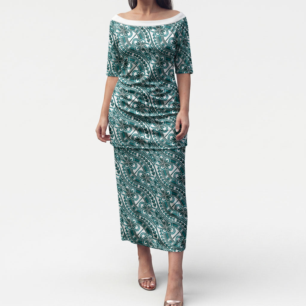 Hibiscus Bloom Island Tribal Waves Puletasi Teal Polynesian Pattern LT01 Long Dress Teal - Polynesian Pride