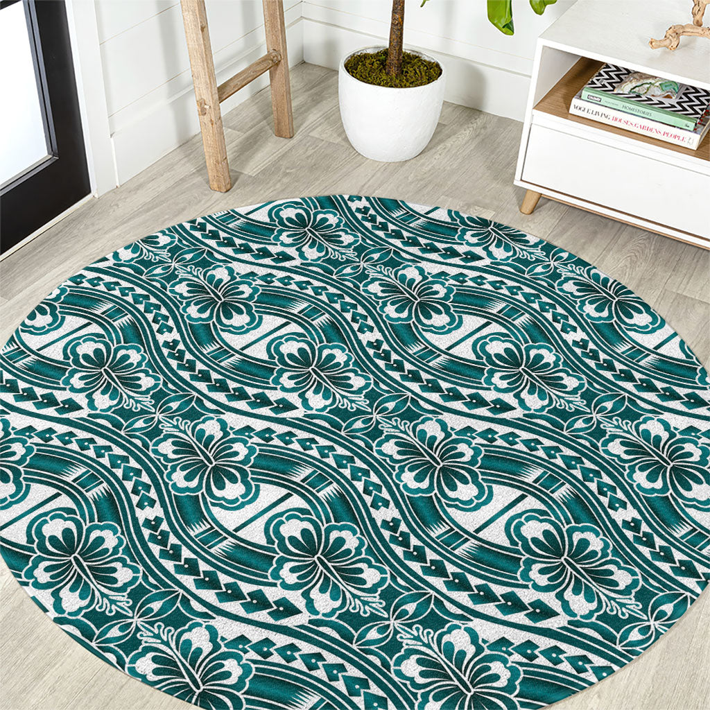 Hibiscus Bloom Island Tribal Waves Round Carpet Teal Polynesian Pattern LT01 Teal - Polynesian Pride