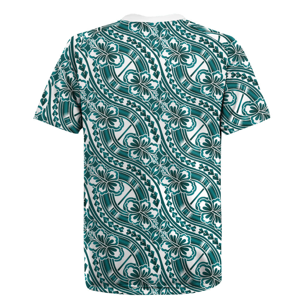 Hibiscus Bloom Island Tribal Waves Rugby Jersey Teal Polynesian Pattern LT01 - Polynesian Pride