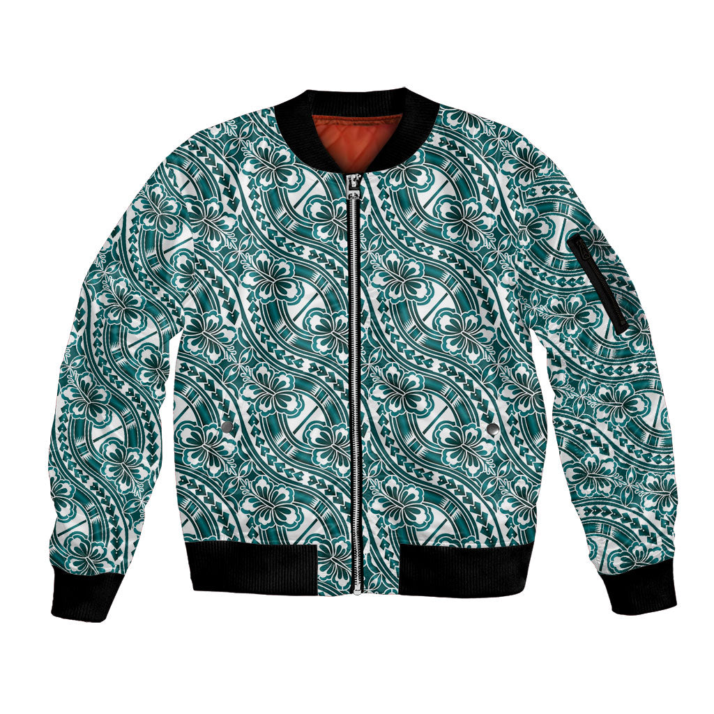 Hibiscus Bloom Island Tribal Waves Sleeve Zip Bomber Jacket Teal Polynesian Pattern LT01 Unisex Teal - Polynesian Pride