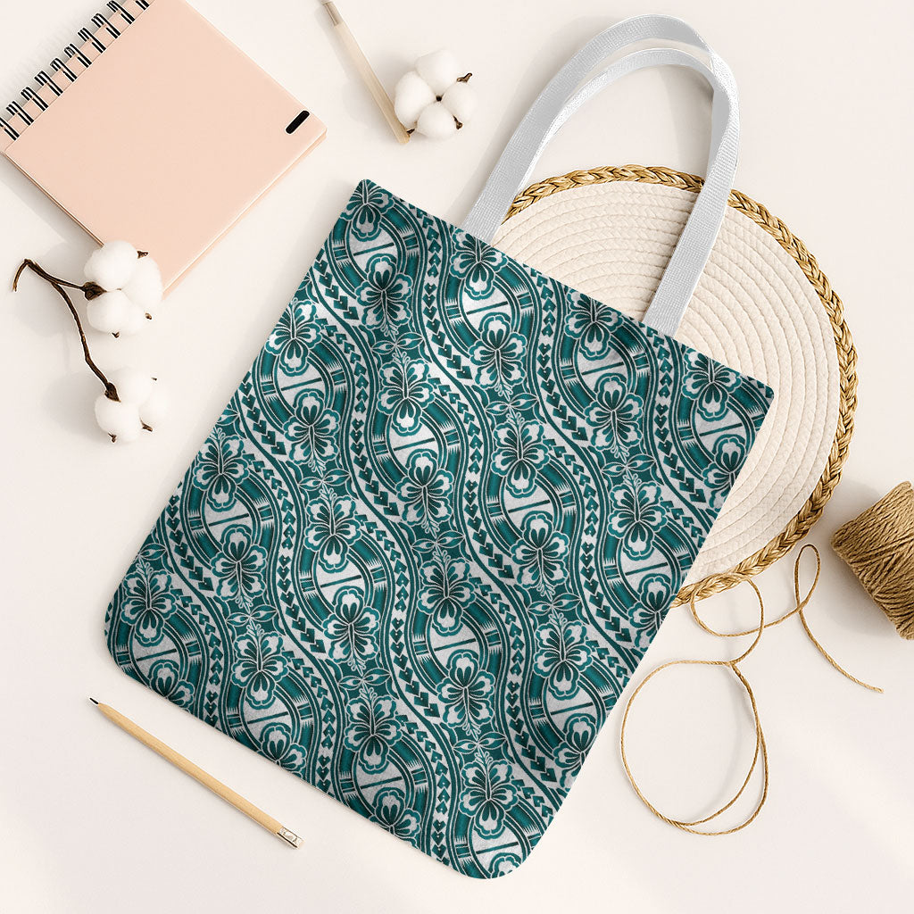 Hibiscus Bloom Island Tribal Waves Tote Bag Teal Polynesian Pattern LT01 White Strap One Size Teal - Polynesian Pride
