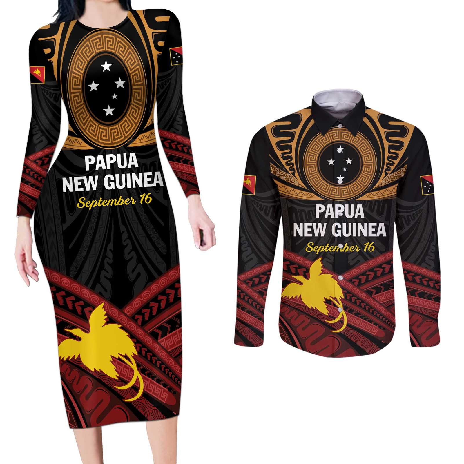 Papua New Guinea Bird of Paradise Couples Matching Long Sleeve Bodycon Dress and Long Sleeve Button Shirt 16 September 1975 Independence Day Anniversary LT01 Black - Polynesian Pride