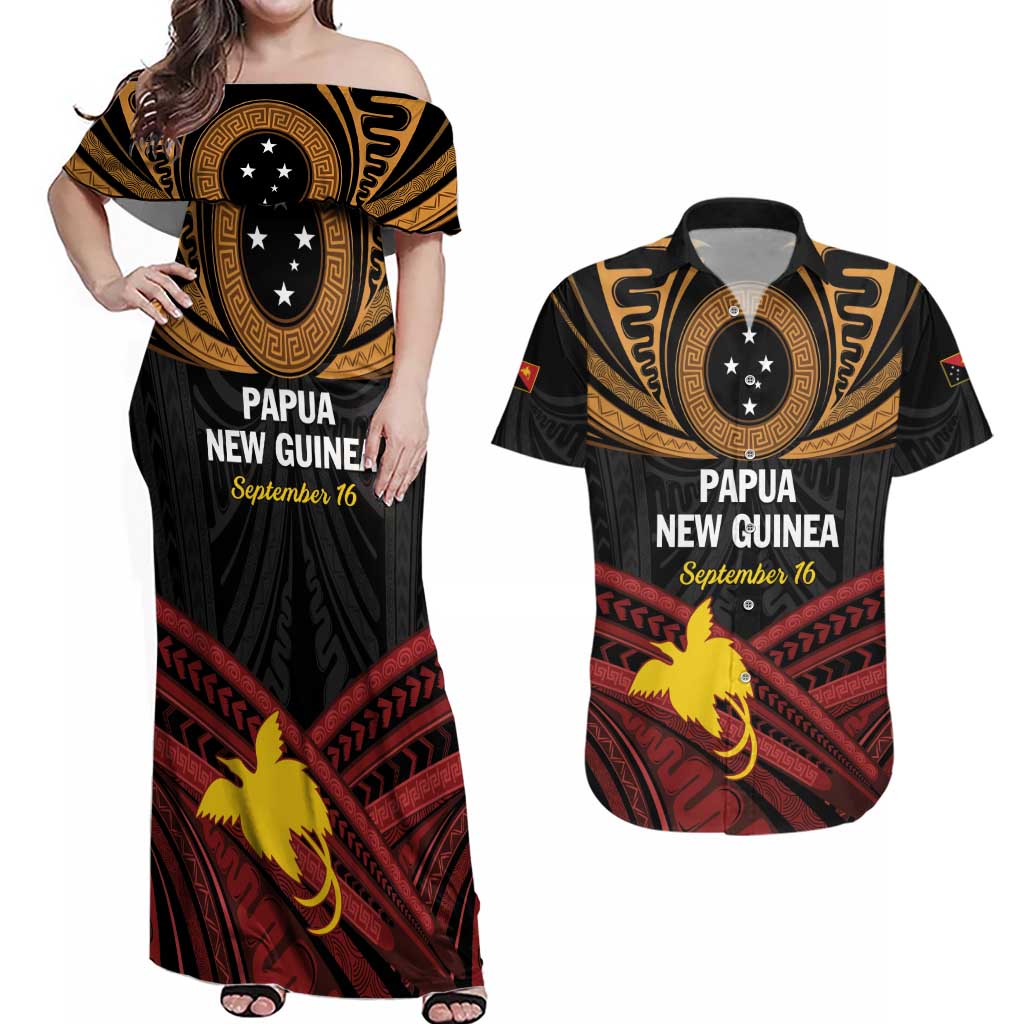 Papua New Guinea Bird of Paradise Couples Matching Off Shoulder Maxi Dress and Hawaiian Shirt 16 September 1975 Independence Day Anniversary