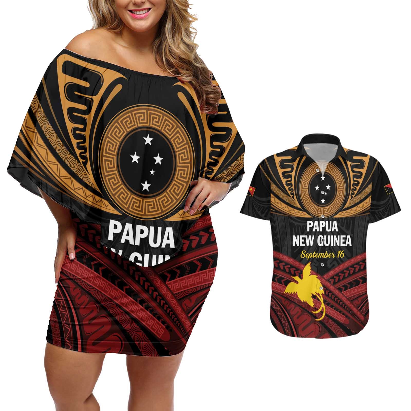 Papua New Guinea Bird of Paradise Couples Matching Off Shoulder Short Dress and Hawaiian Shirt 16 September 1975 Independence Day Anniversary LT01 Black - Polynesian Pride