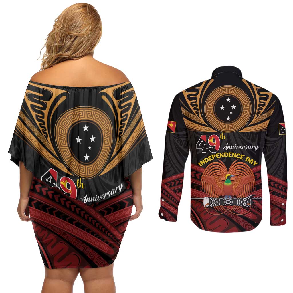 Papua New Guinea Bird of Paradise Couples Matching Off Shoulder Short Dress and Long Sleeve Button Shirt 16 September 1975 Independence Day Anniversary