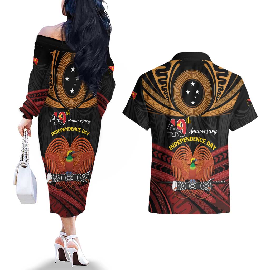 Papua New Guinea Bird of Paradise Couples Matching Off The Shoulder Long Sleeve Dress and Hawaiian Shirt 16 September 1975 Independence Day Anniversary