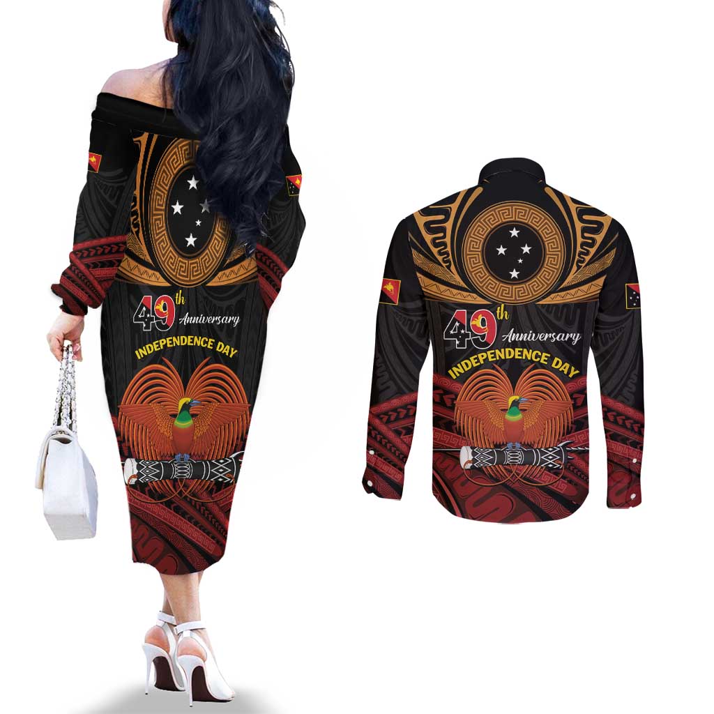 Papua New Guinea Bird of Paradise Couples Matching Off The Shoulder Long Sleeve Dress and Long Sleeve Button Shirt 16 September 1975 Independence Day Anniversary