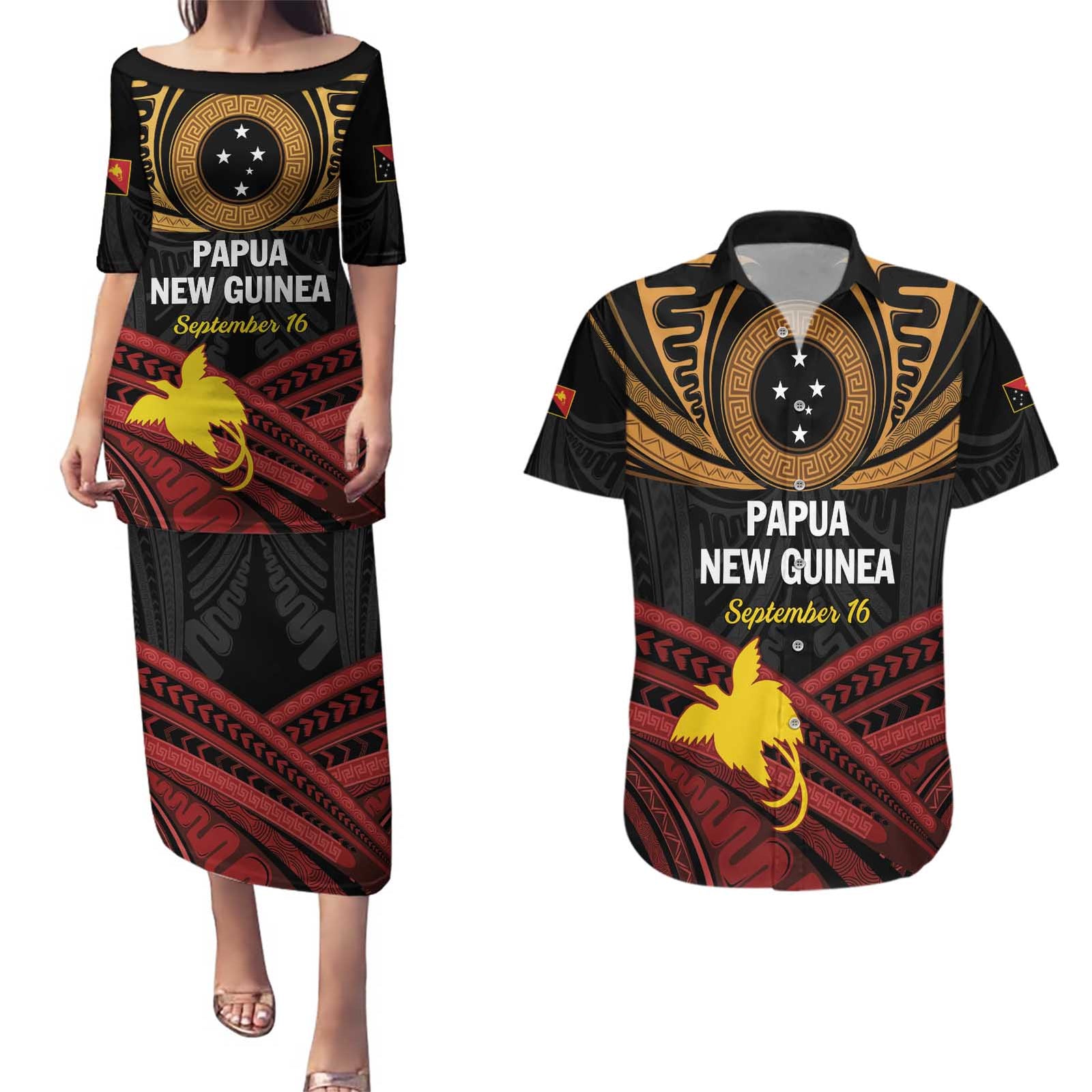 Papua New Guinea Bird of Paradise Couples Matching Puletasi and Hawaiian Shirt 16 September 1975 Independence Day Anniversary LT01 Black - Polynesian Pride