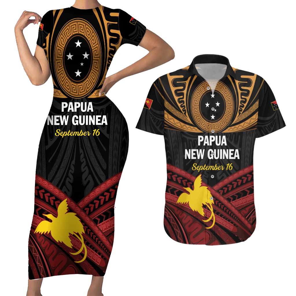 Papua New Guinea Bird of Paradise Couples Matching Short Sleeve Bodycon Dress and Hawaiian Shirt 16 September 1975 Independence Day Anniversary LT01 Black - Polynesian Pride
