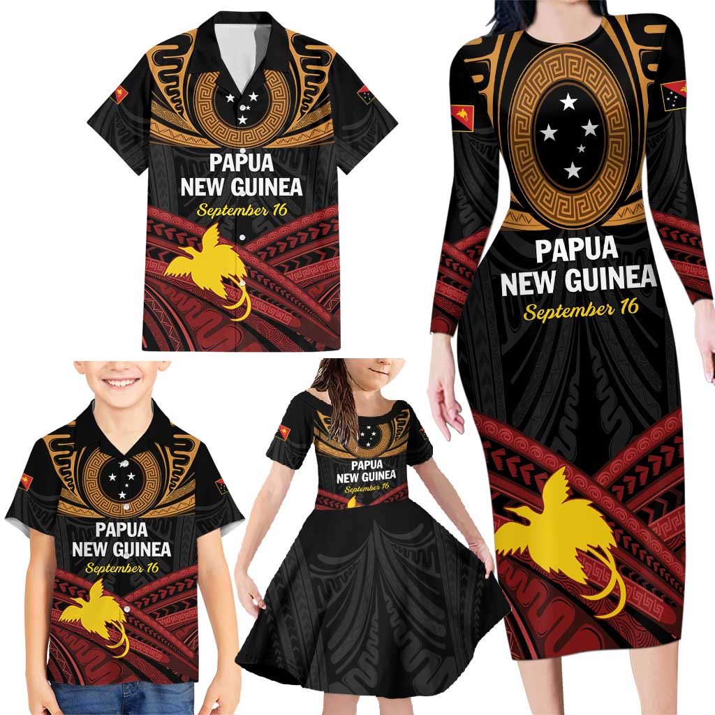 Papua New Guinea Bird of Paradise Family Matching Long Sleeve Bodycon Dress and Hawaiian Shirt 16 September 1975 Independence Day Anniversary