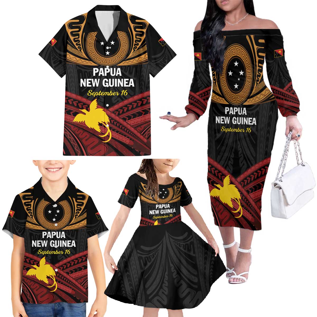 Papua New Guinea Bird of Paradise Family Matching Off The Shoulder Long Sleeve Dress and Hawaiian Shirt 16 September 1975 Independence Day Anniversary LT01 - Polynesian Pride