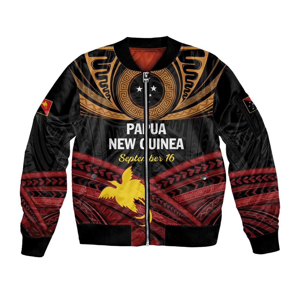 Papua New Guinea Bird of Paradise Sleeve Zip Bomber Jacket 16 September 1975 Independence Day Anniversary