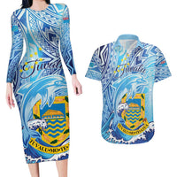Tuvalu mo te Atua Couples Matching Long Sleeve Bodycon Dress and Hawaiian Shirt Tuvalu Dolphin Polynesian Pattern LT01 Blue - Polynesian Pride