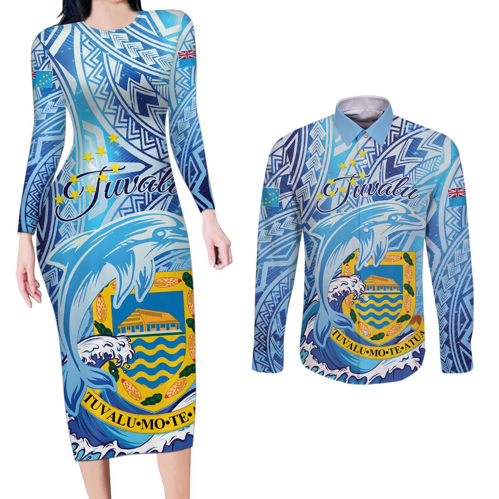 Tuvalu mo te Atua Couples Matching Long Sleeve Bodycon Dress and Long Sleeve Button Shirt Tuvalu Dolphin Polynesian Pattern LT01 Blue - Polynesian Pride