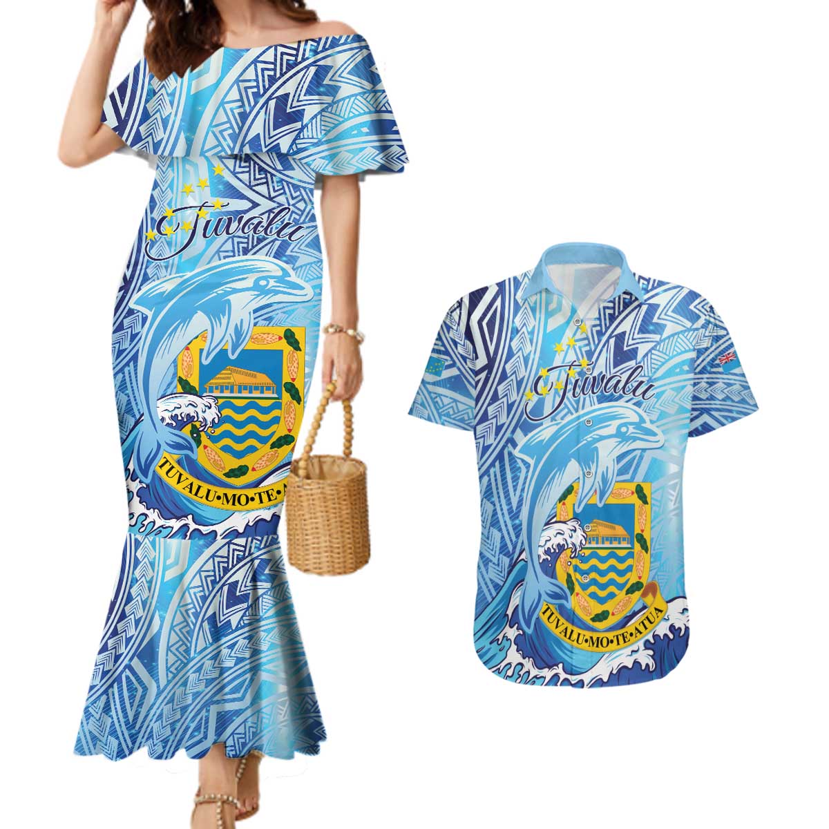 Tuvalu mo te Atua Couples Matching Mermaid Dress and Hawaiian Shirt Tuvalu Dolphin Polynesian Pattern