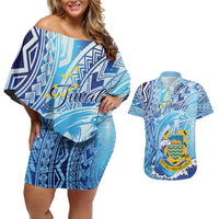 Tuvalu mo te Atua Couples Matching Off Shoulder Short Dress and Hawaiian Shirt Tuvalu Dolphin Polynesian Pattern LT01 Blue - Polynesian Pride