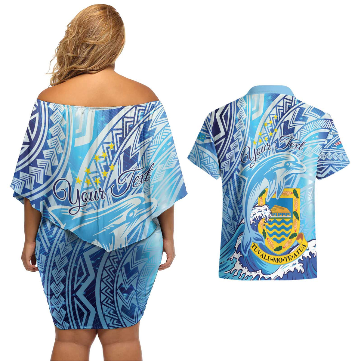 Tuvalu mo te Atua Couples Matching Off Shoulder Short Dress and Hawaiian Shirt Tuvalu Dolphin Polynesian Pattern LT01 - Polynesian Pride