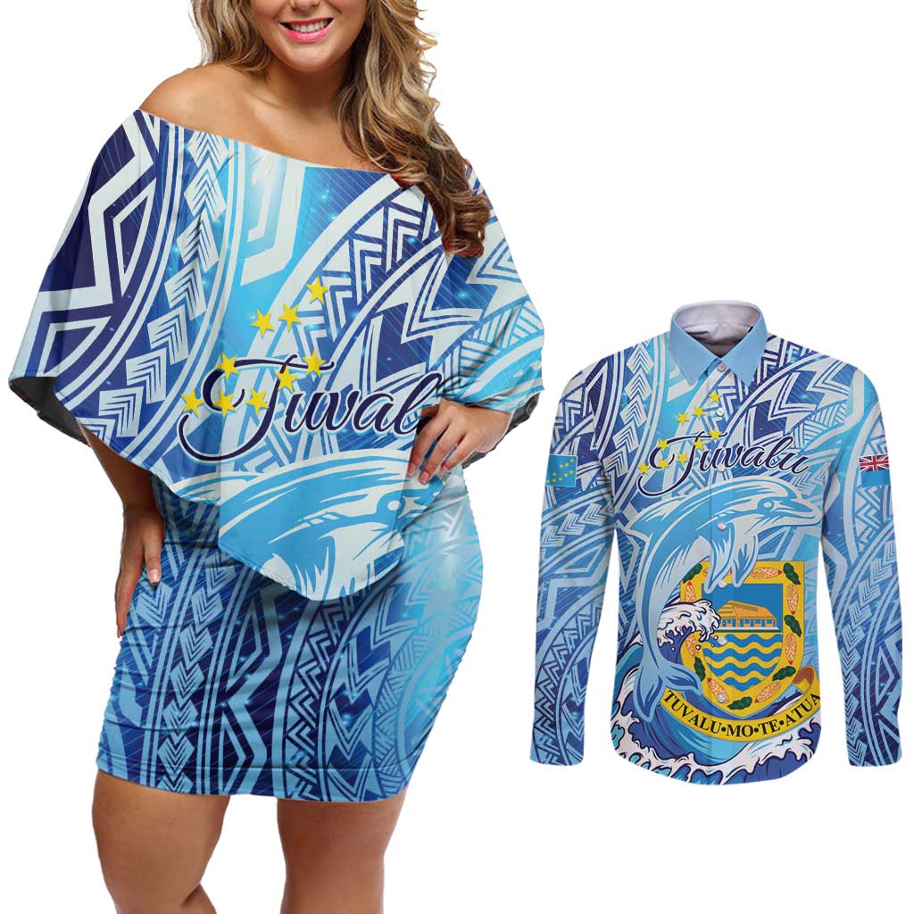 Tuvalu mo te Atua Couples Matching Off Shoulder Short Dress and Long Sleeve Button Shirt Tuvalu Dolphin Polynesian Pattern LT01 Blue - Polynesian Pride