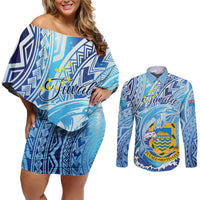 Tuvalu mo te Atua Couples Matching Off Shoulder Short Dress and Long Sleeve Button Shirt Tuvalu Dolphin Polynesian Pattern LT01 Blue - Polynesian Pride