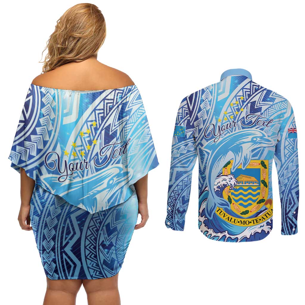 Tuvalu mo te Atua Couples Matching Off Shoulder Short Dress and Long Sleeve Button Shirt Tuvalu Dolphin Polynesian Pattern LT01 - Polynesian Pride