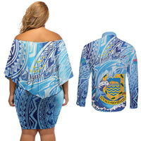 Tuvalu mo te Atua Couples Matching Off Shoulder Short Dress and Long Sleeve Button Shirt Tuvalu Dolphin Polynesian Pattern LT01 - Polynesian Pride