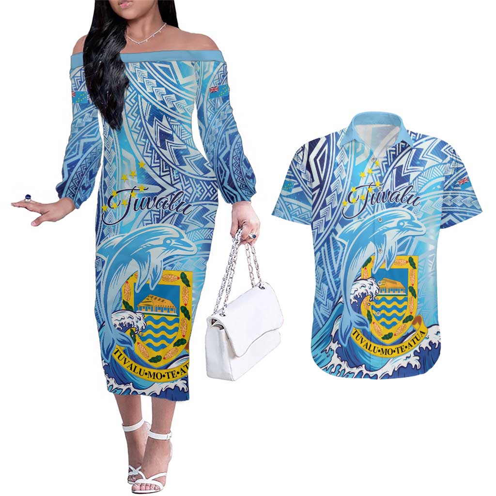 Tuvalu mo te Atua Couples Matching Off The Shoulder Long Sleeve Dress and Hawaiian Shirt Tuvalu Dolphin Polynesian Pattern LT01 Blue - Polynesian Pride