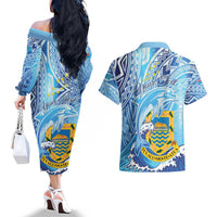 Tuvalu mo te Atua Couples Matching Off The Shoulder Long Sleeve Dress and Hawaiian Shirt Tuvalu Dolphin Polynesian Pattern LT01 - Polynesian Pride