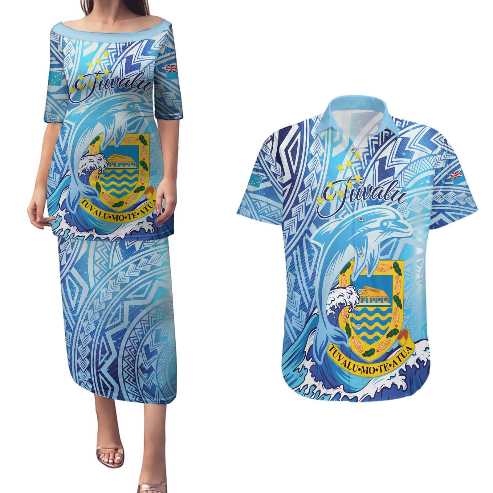 Tuvalu mo te Atua Couples Matching Puletasi and Hawaiian Shirt Tuvalu Dolphin Polynesian Pattern LT01 Blue - Polynesian Pride