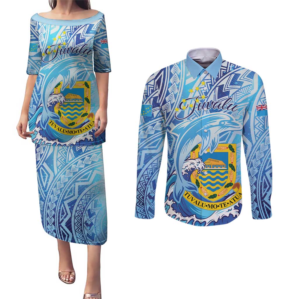 Tuvalu mo te Atua Couples Matching Puletasi and Long Sleeve Button Shirt Tuvalu Dolphin Polynesian Pattern LT01 Blue - Polynesian Pride