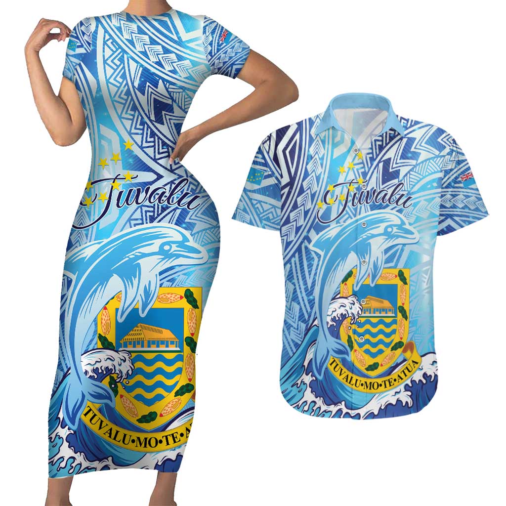 Tuvalu mo te Atua Couples Matching Short Sleeve Bodycon Dress and Hawaiian Shirt Tuvalu Dolphin Polynesian Pattern LT01 Blue - Polynesian Pride
