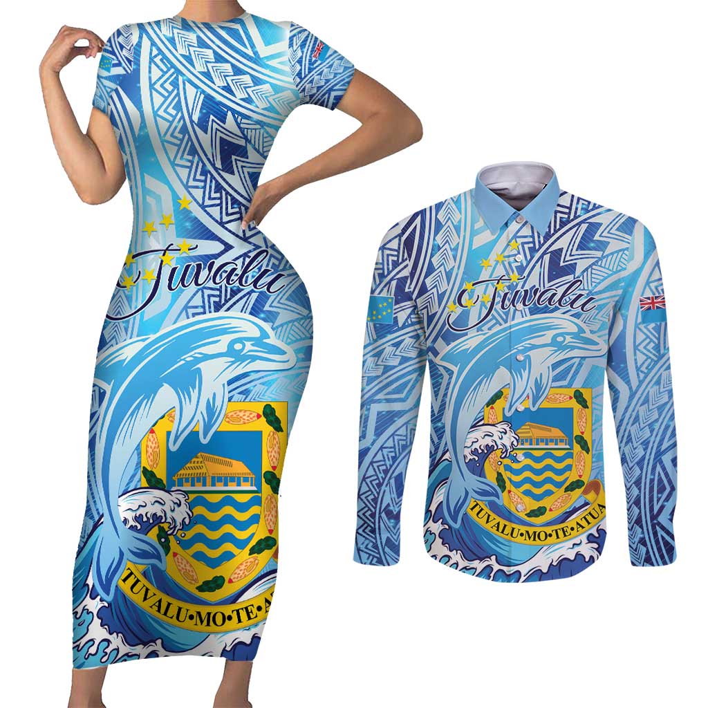 Tuvalu mo te Atua Couples Matching Short Sleeve Bodycon Dress and Long Sleeve Button Shirt Tuvalu Dolphin Polynesian Pattern LT01 Blue - Polynesian Pride