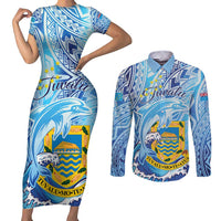 Tuvalu mo te Atua Couples Matching Short Sleeve Bodycon Dress and Long Sleeve Button Shirt Tuvalu Dolphin Polynesian Pattern LT01 Blue - Polynesian Pride