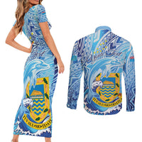 Tuvalu mo te Atua Couples Matching Short Sleeve Bodycon Dress and Long Sleeve Button Shirt Tuvalu Dolphin Polynesian Pattern LT01 - Polynesian Pride