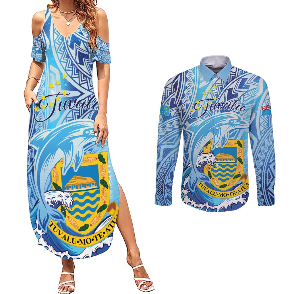 Tuvalu mo te Atua Couples Matching Summer Maxi Dress and Long Sleeve Button Shirt Tuvalu Dolphin Polynesian Pattern LT01 Blue - Polynesian Pride