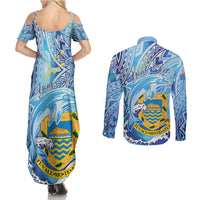 Tuvalu mo te Atua Couples Matching Summer Maxi Dress and Long Sleeve Button Shirt Tuvalu Dolphin Polynesian Pattern LT01 - Polynesian Pride