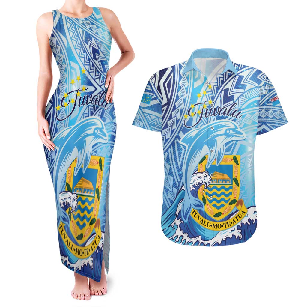 Tuvalu mo te Atua Couples Matching Tank Maxi Dress and Hawaiian Shirt Tuvalu Dolphin Polynesian Pattern LT01 Blue - Polynesian Pride