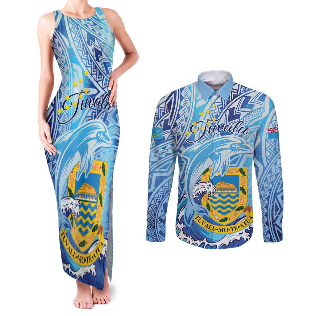 Tuvalu mo te Atua Couples Matching Tank Maxi Dress and Long Sleeve Button Shirt Tuvalu Dolphin Polynesian Pattern LT01 Blue - Polynesian Pride