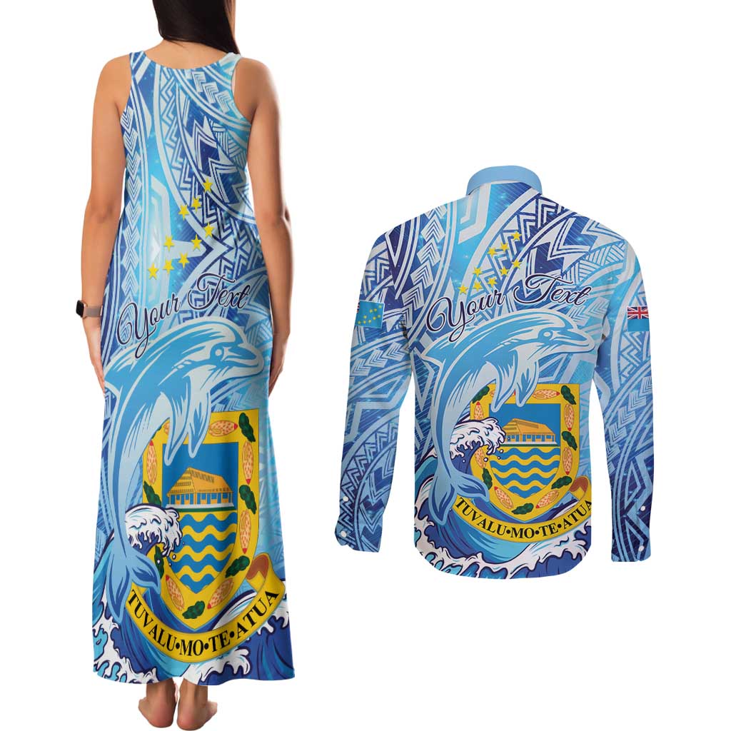 Tuvalu mo te Atua Couples Matching Tank Maxi Dress and Long Sleeve Button Shirt Tuvalu Dolphin Polynesian Pattern LT01 - Polynesian Pride