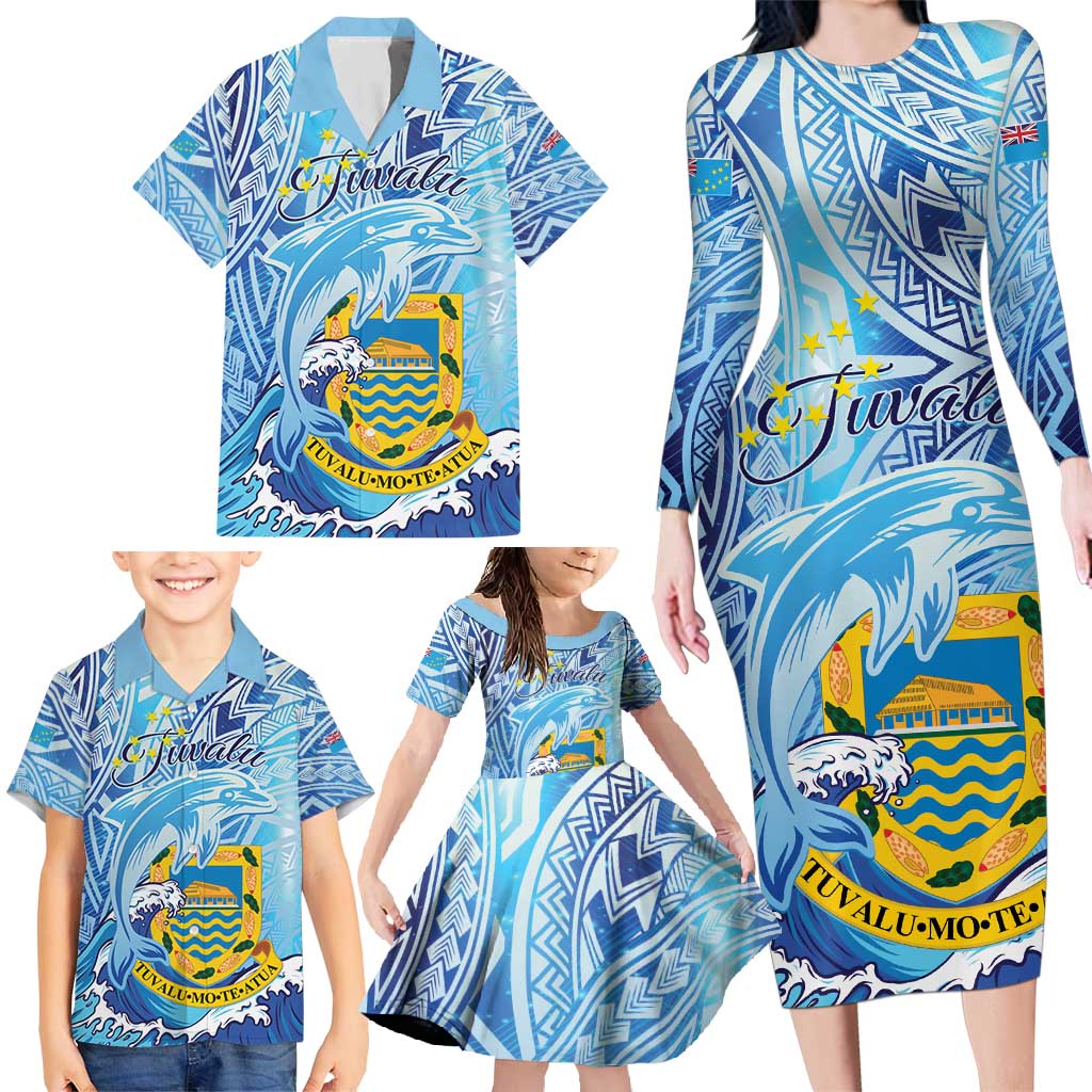 Tuvalu mo te Atua Family Matching Long Sleeve Bodycon Dress and Hawaiian Shirt Tuvalu Dolphin Polynesian Pattern LT01 - Polynesian Pride
