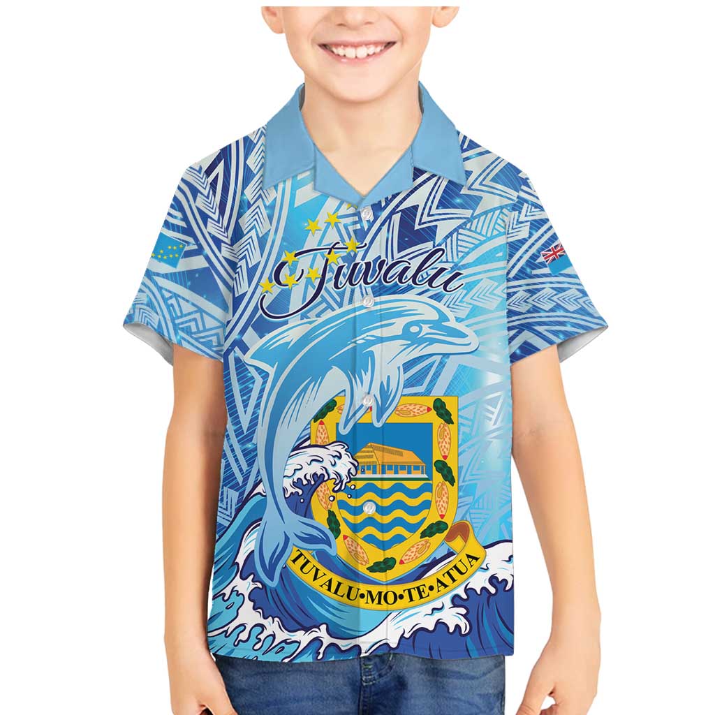 Tuvalu mo te Atua Family Matching Mermaid Dress and Hawaiian Shirt Tuvalu Dolphin Polynesian Pattern LT01 Son's Shirt Blue - Polynesian Pride
