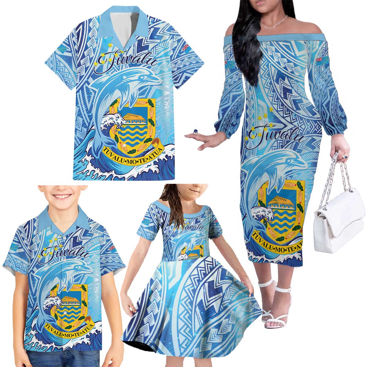 Tuvalu mo te Atua Family Matching Off The Shoulder Long Sleeve Dress and Hawaiian Shirt Tuvalu Dolphin Polynesian Pattern LT01 - Polynesian Pride
