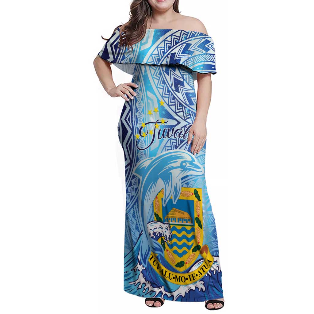Tuvalu mo te Atua Family Matching Off Shoulder Maxi Dress and Hawaiian Shirt Tuvalu Dolphin Polynesian Pattern LT01 Mom's Dress Blue - Polynesian Pride