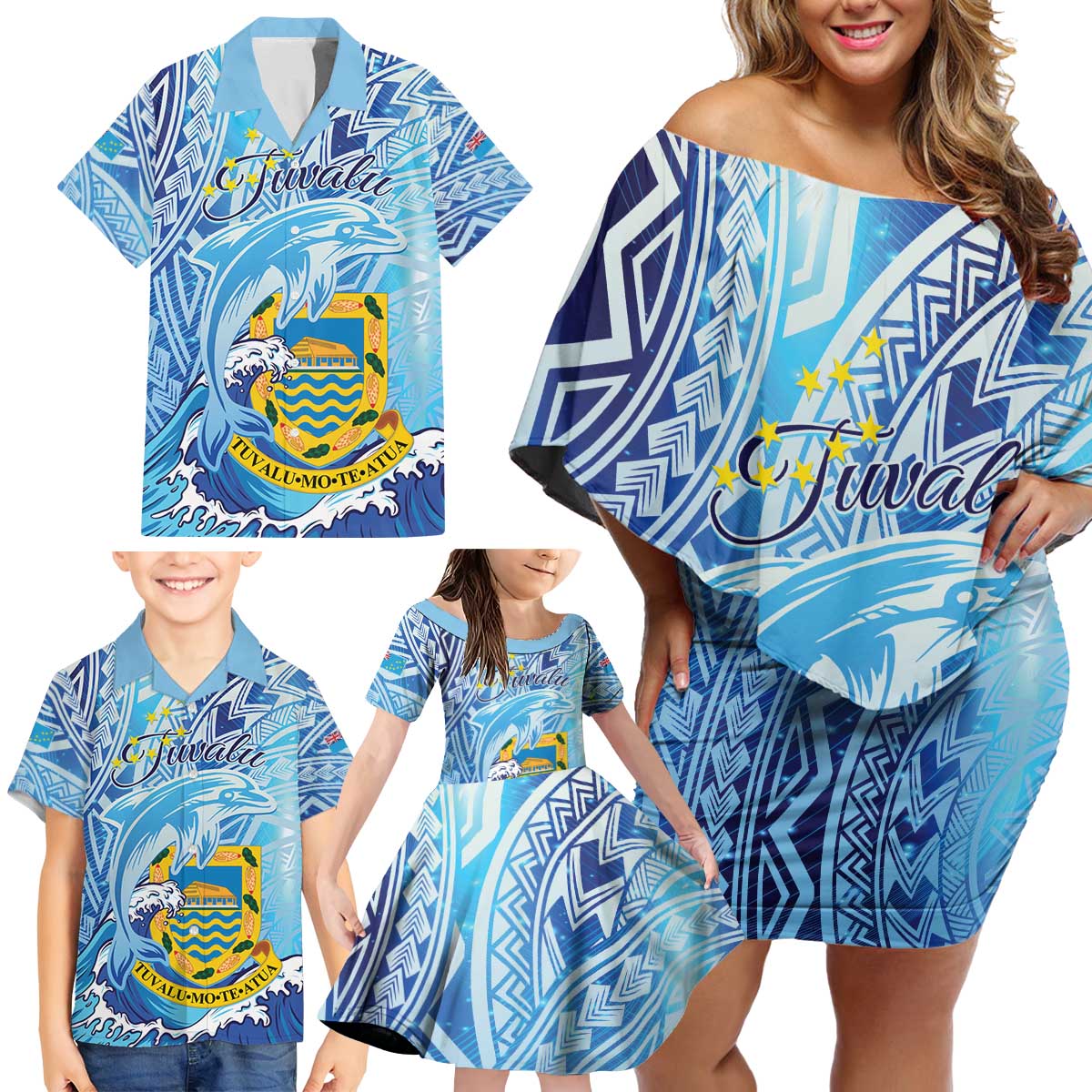 Tuvalu mo te Atua Family Matching Off Shoulder Short Dress and Hawaiian Shirt Tuvalu Dolphin Polynesian Pattern LT01 - Polynesian Pride